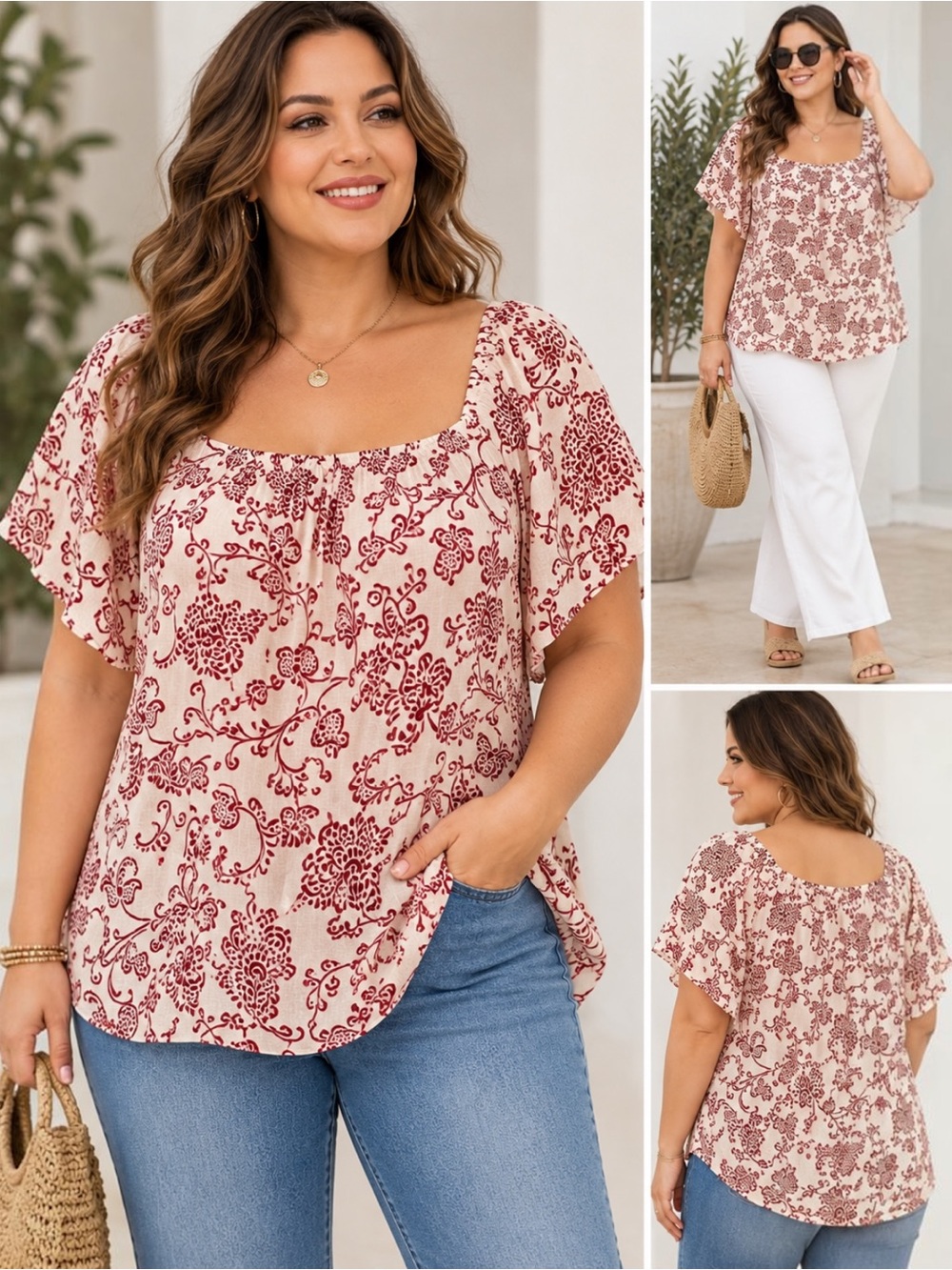 BloomChic Plus Size 18-20 Paisley Floral Square Neck Flutter Sleeve Blouse